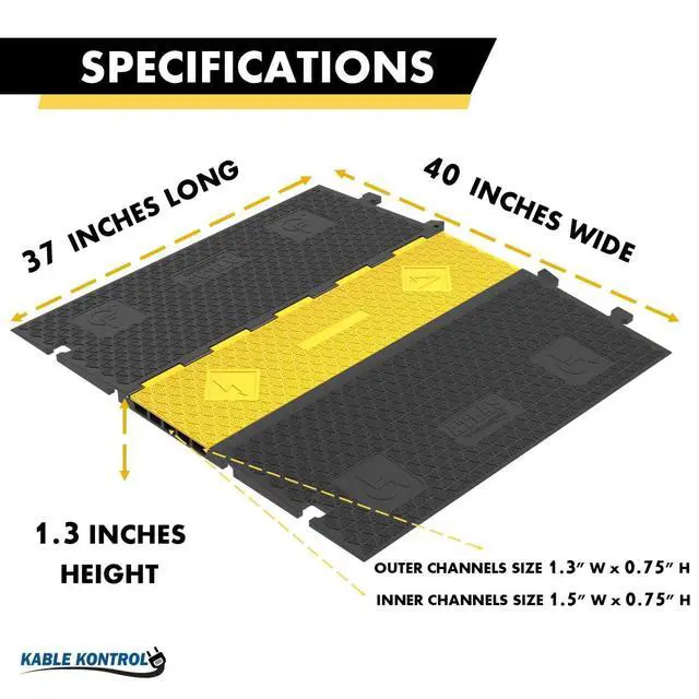 Alt view image 3 of 6 - Atlas ADA Compliant Cable Protector Ramp Heavy Duty - 5 Channel Low Profile - 1 Pc - 36 Long Black & Yellow 33,040 Lbs Per Axle Capacity - Rubber Speed Bump Wire Protector Cord