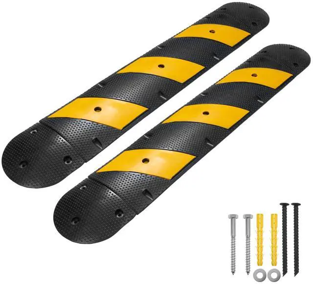 Main image of 4FT Rubber Speed Bump, Heavy Duty Speed Bump Cable Protector Ramp for Driveway, Road Parking, Garage, Parking Lot, Warehouse,48" x 11.8" x 1.77"(2, 4ft with End Cap)