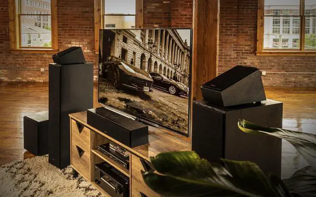 Alt view image 2 of 6 - R-41SA Powerful Detailed Home Speaker Pair (2 Speakers) Dolby Atmos Surround Sound Elevation Speakers with Keyhole Mounting, 90x90 Tractrix Horn, and 4 Inch Spun-Copper IMG Woofers