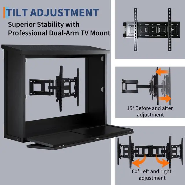 Alt view image 3 of 6 - 55'' Wood Outdoor TV Enclosure Wall-Mounted TV Box for TVs 32"-55", Dual-Arm Steel Bracket Included, Outside TV Cabinet Weatherproof for Covered Patio & Pergola Black