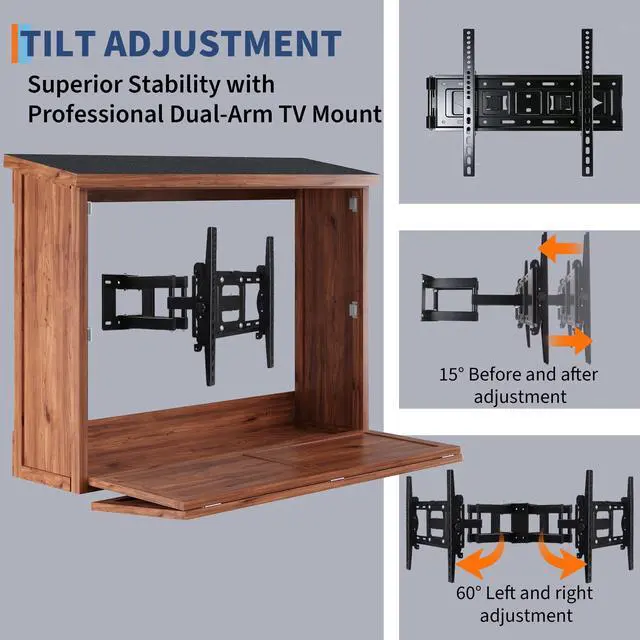 Alt view image 3 of 6 - 55'' Wood Outdoor TV Enclosure Wall-Mounted TV Box for TVs 32"-55", Dual-Arm Steel Bracket Included, Outside TV Cabinet Weatherproof for Covered Patio & Pergola Walnut