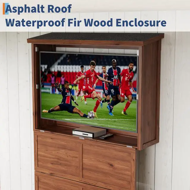 Alt view image 4 of 6 - 55'' Wood Outdoor TV Enclosure Wall-Mounted TV Box for TVs 32"-55", Dual-Arm Steel Bracket Included, Outside TV Cabinet Weatherproof for Covered Patio & Pergola Walnut