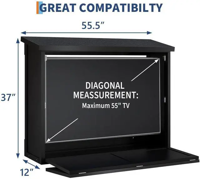 Alt view image 2 of 6 - 55'' Wood Outdoor TV Enclosure Wall-Mounted TV Box for TVs 32"-55" | Weatherproof Outside TV Box, Adjustable Wall TV Mount, Vertical Door, Protective TV Cabinet for Patio Deck, Space-Saving