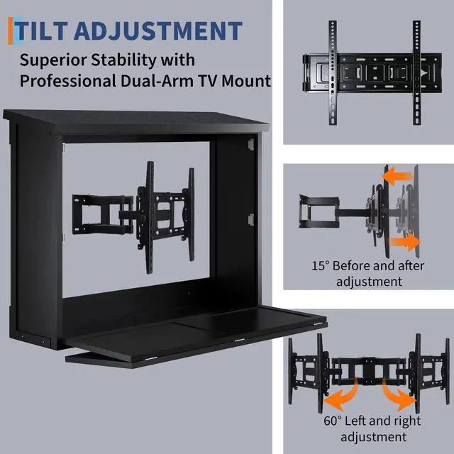 Alt view image 4 of 6 - 55'' Wood Outdoor TV Enclosure Wall-Mounted TV Box for TVs 32"-55" | Weatherproof Outside TV Box, Adjustable Wall TV Mount, Vertical Door, Protective TV Cabinet for Patio Deck, Space-Saving