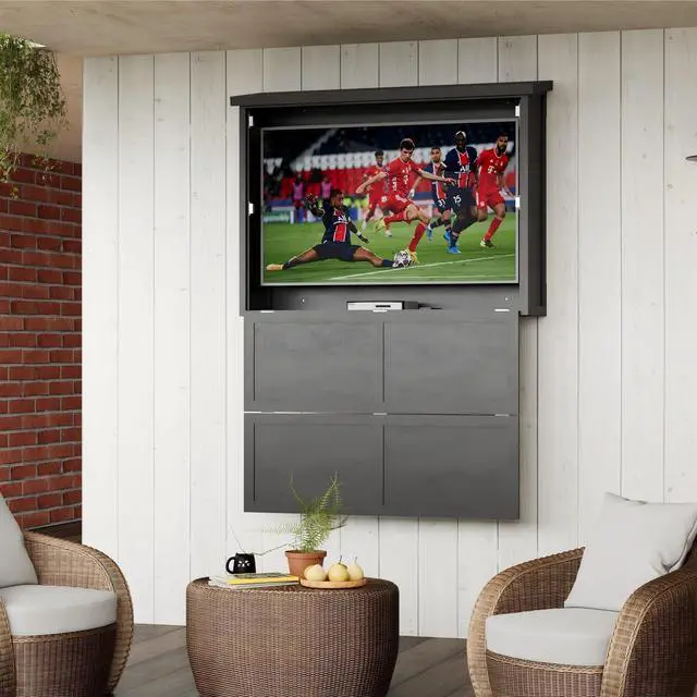 Alt view image 6 of 6 - 55'' Wood Outdoor TV Enclosure Wall-Mounted TV Box for TVs 32"-55" | Weatherproof Outside TV Box, Adjustable Wall TV Mount, Vertical Door, Protective TV Cabinet for Patio Deck, Space-Saving