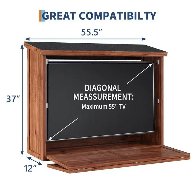 Alt view image 2 of 6 - 55'' Wood Outdoor TV Enclosure Wall-Mounted TV Box for TVs 32"-55" | Weatherproof Outside TV Box, Adjustable Wall TV Mount, Vertical Door, Protective TV Cabinet for Patio Deck, Space-Saving