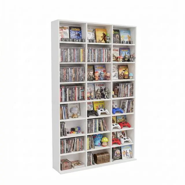 Main image of 8-Tier Media Storage Cabinet, Tall Wooden CD Rack Organizer, Freestanding Media Display Shelf Tower for Video Games, Movies, Books and Collectibles, 40" x 64", White Finish