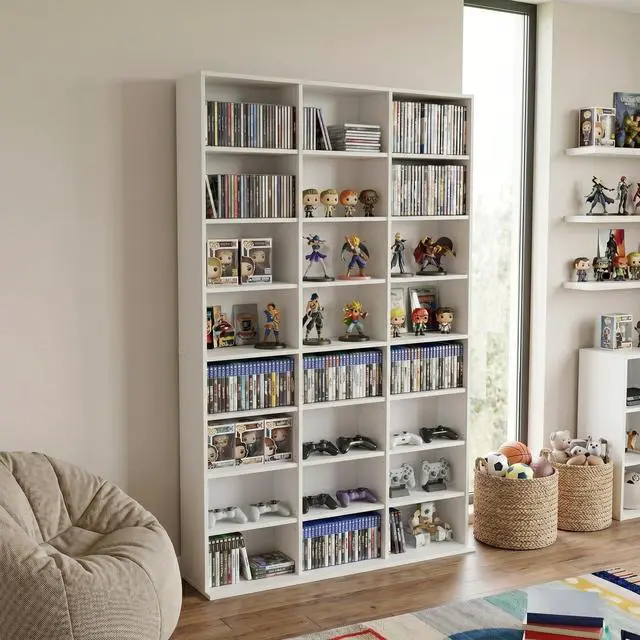 Alt view image 2 of 5 - 8-Tier Media Storage Cabinet, Tall Wooden CD Rack Organizer, Freestanding Media Display Shelf Tower for Video Games, Movies, Books and Collectibles, 40" x 64", White Finish