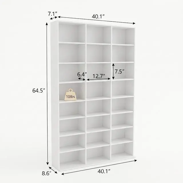 Alt view image 3 of 5 - 8-Tier Media Storage Cabinet, Tall Wooden CD Rack Organizer, Freestanding Media Display Shelf Tower for Video Games, Movies, Books and Collectibles, 40" x 64", White Finish