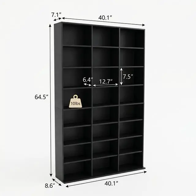 Alt view image 3 of 6 - 8-Tier Media Storage Cabinet, Tall Wooden CD Rack Organizer, Freestanding Media Display Shelf Tower for Video Games, Movies, Books and Collectibles, 40" x 64", Black Finish
