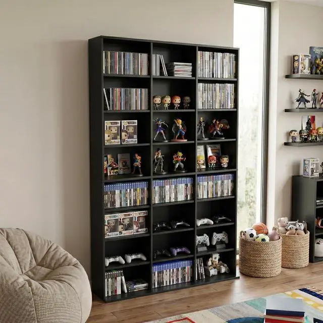 Alt view image 4 of 6 - 8-Tier Media Storage Cabinet, Tall Wooden CD Rack Organizer, Freestanding Media Display Shelf Tower for Video Games, Movies, Books and Collectibles, 40" x 64", Black Finish
