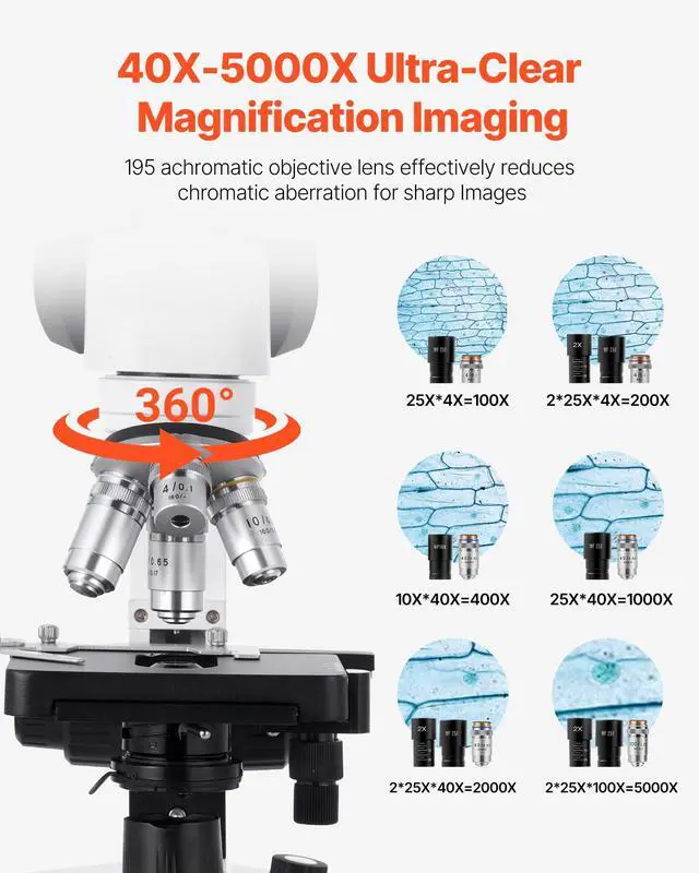 Alt view image 2 of 6 - Binocular Microscope, 40-5000X Magnification, Professional Compound Microscope for Adult with Dual Stage and Two Sets of Eyepieces, Aluminum Alloy Body, Includes LED Light and Phone Holder