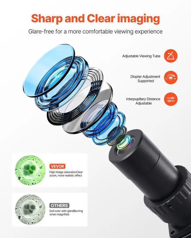Alt view image 4 of 6 - Binocular Microscope, 40-5000X Magnification, Professional Compound Microscope for Adult with Dual Stage and Two Sets of Eyepieces, Aluminum Alloy Body, Includes LED Light and Phone Holder