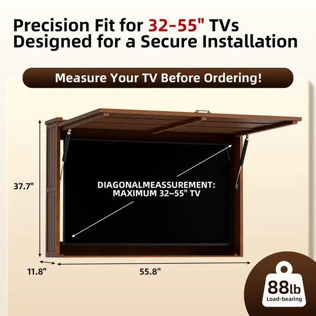 Alt view image 2 of 6 - Outdoor TV Enclosure, Fit for 32-55 Inch TV, Solid Wood Wall-Mounted TV Cabinet with Dual-Arm Steel Bracket, Includes 600D TV Cover (Walnut Color)