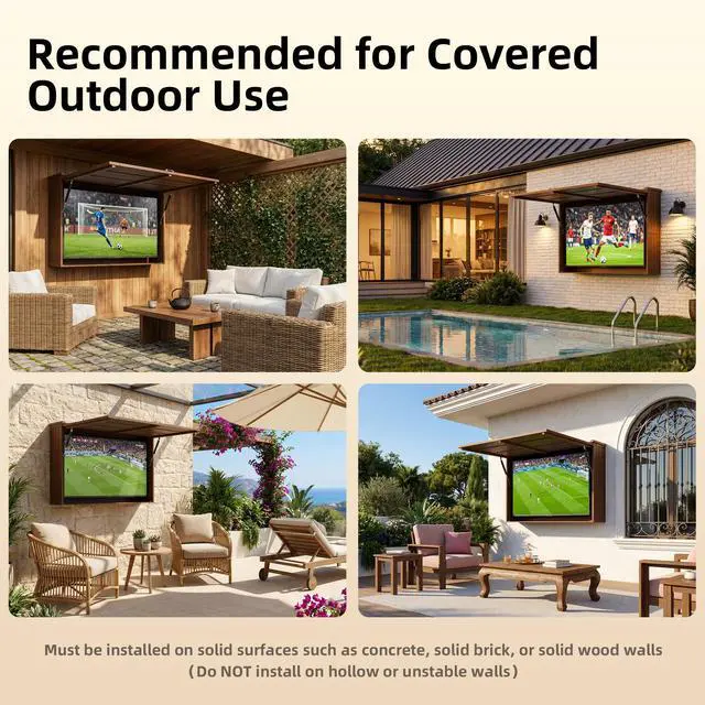 Alt view image 4 of 6 - Outdoor TV Enclosure, Fit for 32-55 Inch TV, Solid Wood Wall-Mounted TV Cabinet with Dual-Arm Steel Bracket, Includes 600D TV Cover (Walnut Color)