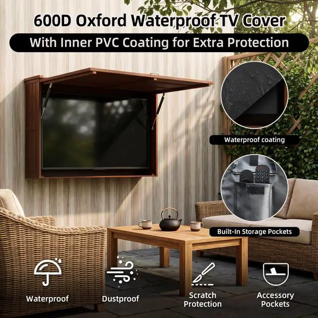 Alt view image 5 of 6 - Outdoor TV Enclosure, Fit for 32-55 Inch TV, Solid Wood Wall-Mounted TV Cabinet with Dual-Arm Steel Bracket, Includes 600D TV Cover (Walnut Color)