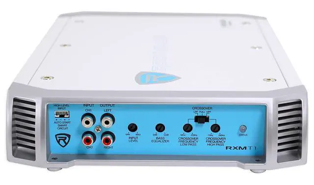 Alt view image 3 of 6 - RXM-T1 2-Channel Marine/Boat Amplifier 1500W Peak/370W RMS | Class A/B, MOSFET Power Supply, 2-Ohm Stable, 4-Ohm Bridgeable, High-Level Input, RCA Output, Smart Auto Turn-On, Bass EQ