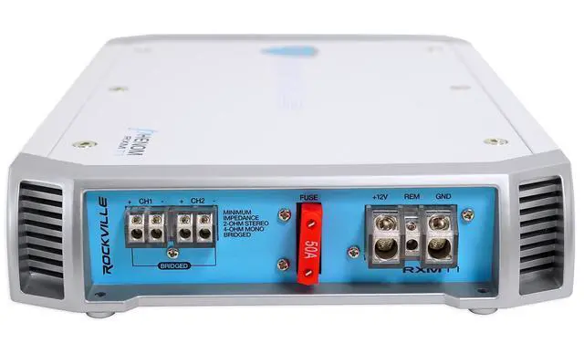 Alt view image 4 of 6 - RXM-T1 2-Channel Marine/Boat Amplifier 1500W Peak/370W RMS | Class A/B, MOSFET Power Supply, 2-Ohm Stable, 4-Ohm Bridgeable, High-Level Input, RCA Output, Smart Auto Turn-On, Bass EQ