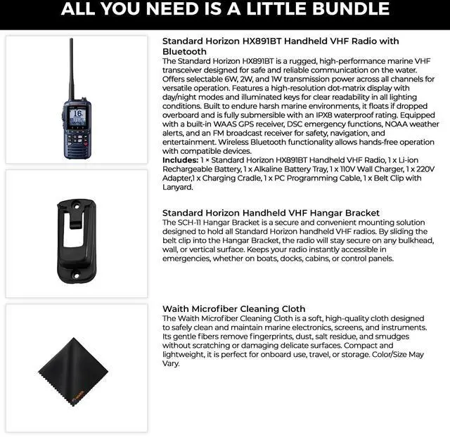 Alt view image 2 of 5 - HX891BT Floating Handheld VHF Transceiver Radio Bundle Kit | Bluetooth, Waterproof 6W transceiver with High Resolution Dot Matrix Display Marine Radio. Includes hanger bracket & cloth