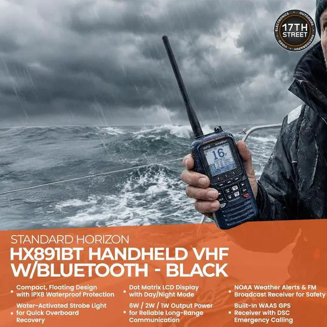 Alt view image 3 of 5 - HX891BT Floating Handheld VHF Transceiver Radio Bundle Kit | Bluetooth, Waterproof 6W transceiver with High Resolution Dot Matrix Display Marine Radio. Includes hanger bracket & cloth