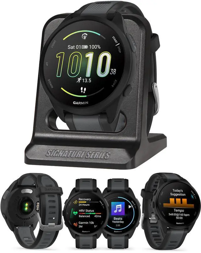 Main image of Garmin Forerunner 165 GPS Smartwatch, Black/Slate Gray | AMOLED Display, Daily Workouts, PacePro | Signature Series Modern Power Stand Bundle