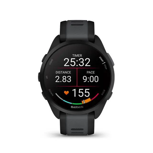 Alt view image 2 of 6 - Garmin Forerunner 165 GPS Smartwatch, Black/Slate Gray | AMOLED Display, Daily Workouts, PacePro | Signature Series Modern Power Stand Bundle
