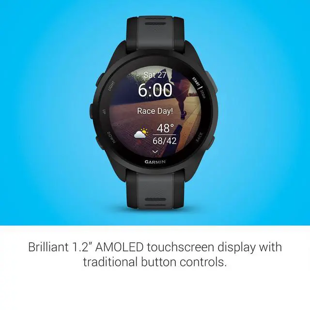 Alt view image 3 of 6 - Garmin Forerunner 165 GPS Smartwatch, Black/Slate Gray | AMOLED Display, Daily Workouts, PacePro | Signature Series Modern Power Stand Bundle