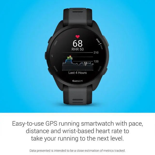 Alt view image 4 of 6 - Garmin Forerunner 165 GPS Smartwatch, Black/Slate Gray | AMOLED Display, Daily Workouts, PacePro | Signature Series Modern Power Stand Bundle