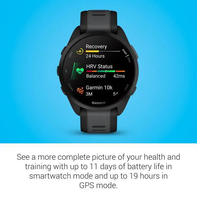 Alt view image 5 of 6 - Garmin Forerunner 165 GPS Smartwatch, Black/Slate Gray | AMOLED Display, Daily Workouts, PacePro | Signature Series Modern Power Stand Bundle