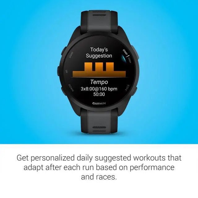 Alt view image 6 of 6 - Garmin Forerunner 165 GPS Smartwatch, Black/Slate Gray | AMOLED Display, Daily Workouts, PacePro | Signature Series Modern Power Stand Bundle