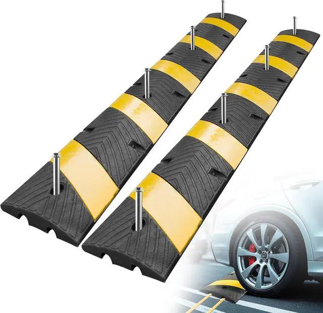 Main image of 72" Heavy Duty Rubber Speed Bumps (2 Pack) - Cable Protector Ramp for Driveway Asphalt Concrete Gravel with Bolt Spikes Anchors for Parking Lot, Warehouse, Road