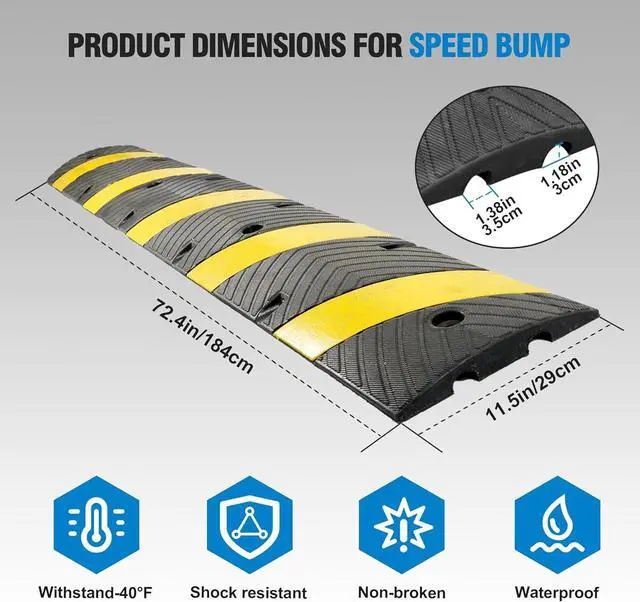 Alt view image 2 of 6 - 72" Heavy Duty Rubber Speed Bumps (2 Pack) - Cable Protector Ramp for Driveway Asphalt Concrete Gravel with Bolt Spikes Anchors for Parking Lot, Warehouse, Road
