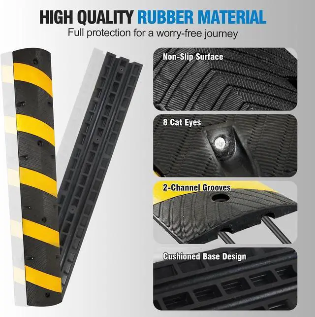 Alt view image 3 of 6 - 72" Heavy Duty Rubber Speed Bumps (2 Pack) - Cable Protector Ramp for Driveway Asphalt Concrete Gravel with Bolt Spikes Anchors for Parking Lot, Warehouse, Road
