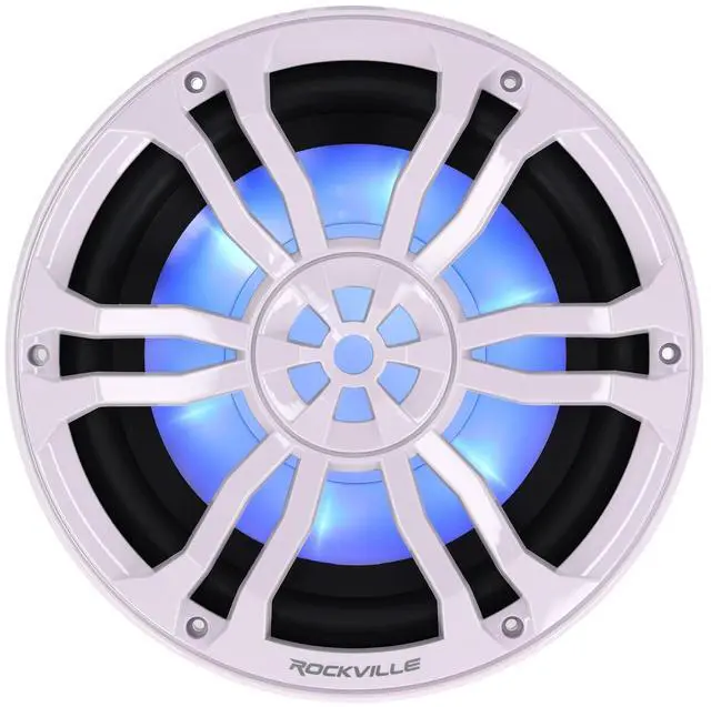 Main image of RM-PREMIUM104 White Marine Boat 10" Subwoofer 1200W Dual 4 Ohm, Free Air Design, RGB LED Lighting, Polycarbonate Cone, for Marine Audio Enthusiasts | 1200W Peak / 300W RMS, Waterproof, Polycarbonate C
