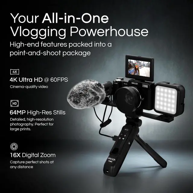 Alt view image 3 of 6 - VLOG MND60V 64MP 4K60FPS Camera Kit w/Tripod, Mic, LED Light, Case | Capture sharp photos and video with intuitive controls for travel, family and everyday moments