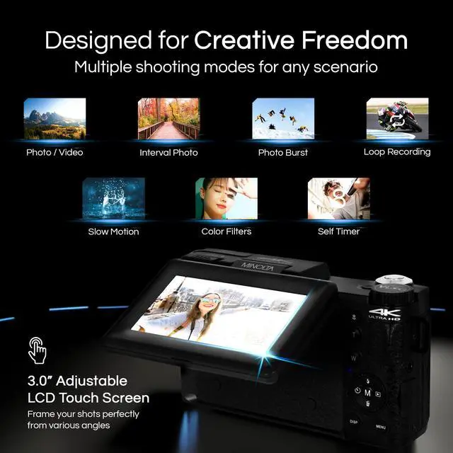 Alt view image 4 of 6 - VLOG MND60V 64MP 4K60FPS Camera Kit w/Tripod, Mic, LED Light, Case | Capture sharp photos and video with intuitive controls for travel, family and everyday moments