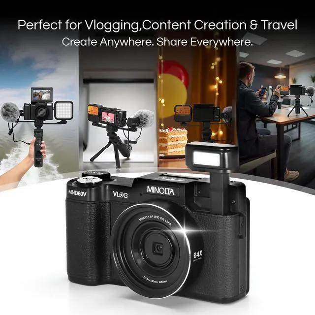 Alt view image 6 of 6 - VLOG MND60V 64MP 4K60FPS Camera Kit w/Tripod, Mic, LED Light, Case | Capture sharp photos and video with intuitive controls for travel, family and everyday moments