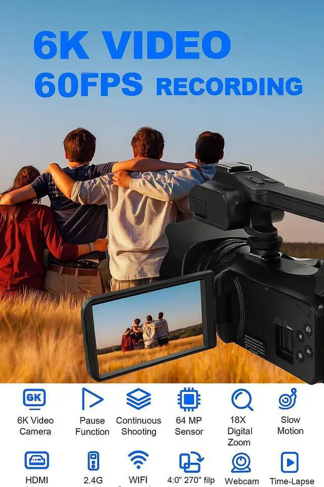 Alt view image 2 of 6 - 4K/6K Camcorder Video Camera 64MP 60FPS Vlogging Camera for YouTube, WiFi, LED Light, Mic, 64GB SD Card Live Stream Webcam
