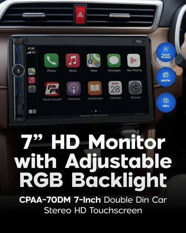 Alt view image 4 of 6 - CPAA-70D Wireless Apple CarPlay & Android Auto 7" Double Din Car Stereo Touchscreen Bluetooth 5.0 Head Unit with Backup Camera Input, Mirror Link, Voice Control, USB/SD, FM Radio Universal Fit