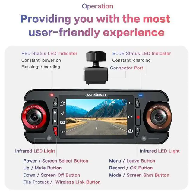 Alt view image 3 of 6 - UltraDash Z3+ Commercial Edition - Dual Lens Dash Cam for Rideshare Taxi Truck Ambulance Police Professional Drivers Wide Angle IR Lens Night Vision Infrared 2.7" LCD HDR Cabin Passenger