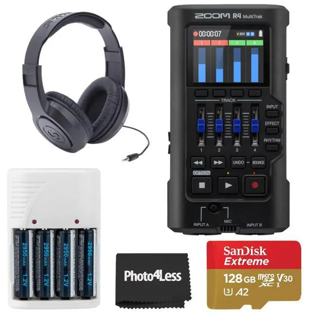 Main image of R4 MultiTrak 32-Bit Float Recorder with Stereo Bouncing Bundle with 128GB microSDXC Memory Card, Headphones, Batteries and Charger