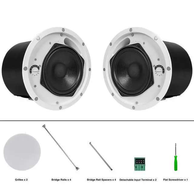Alt view image 5 of 5 - Pair of 6.5" Coaxial in-Ceiling Speakers with Metal Backcan and Tile Rails, 70V/100V/8-Ohm Switchable, Magnetic Grill for Home Theater, White (STCS6C-PAIR)