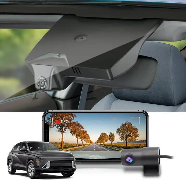Main image of Front 4K+Rear 1080P Dash Cam Adapts for Hyundai Kona 2023 2024 2025 & Kona Electric (Part No#BE010), Integrated OEM Look, Dual Loop Recording, WiFi & APP, G-Sensor, Easy to Use, 128GB Card