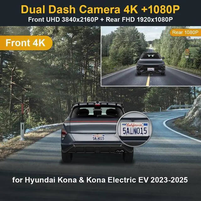 Alt view image 2 of 6 - Front 4K+Rear 1080P Dash Cam Adapts for Hyundai Kona 2023 2024 2025 & Kona Electric (Part No#BE010), Integrated OEM Look, Dual Loop Recording, WiFi & APP, G-Sensor, Easy to Use, 128GB Card