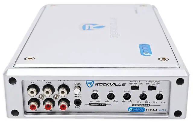 Alt view image 5 of 6 - RXM-S20 4-Channel Micro Marine/ATV Amplifier 1600W Peak/400W RMS | Class A/B, MOSFET Power Supply, Water-Resistant, PA Mic with Talkover, Bass EQ, 2-Ohm Stable, 4-Ohm Bridgeable, RCA Output