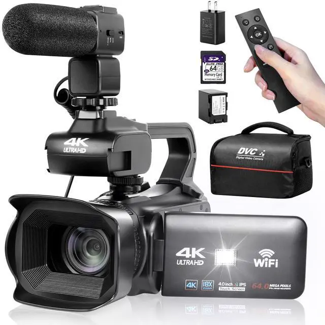 Main image of UHD 4k Video Camera Camcorder with 18X Digital Zoom,64MP Digital Camera Recorder,4.0-inch Rotating Touchscreen,64GB SD Card,Microphone,Remote Control,Durable Battery(Black)
