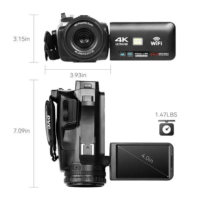 Alt view image 6 of 6 - UHD 4k Video Camera Camcorder with 18X Digital Zoom,64MP Digital Camera Recorder,4.0-inch Rotating Touchscreen,64GB SD Card,Microphone,Remote Control,Durable Battery(Black)