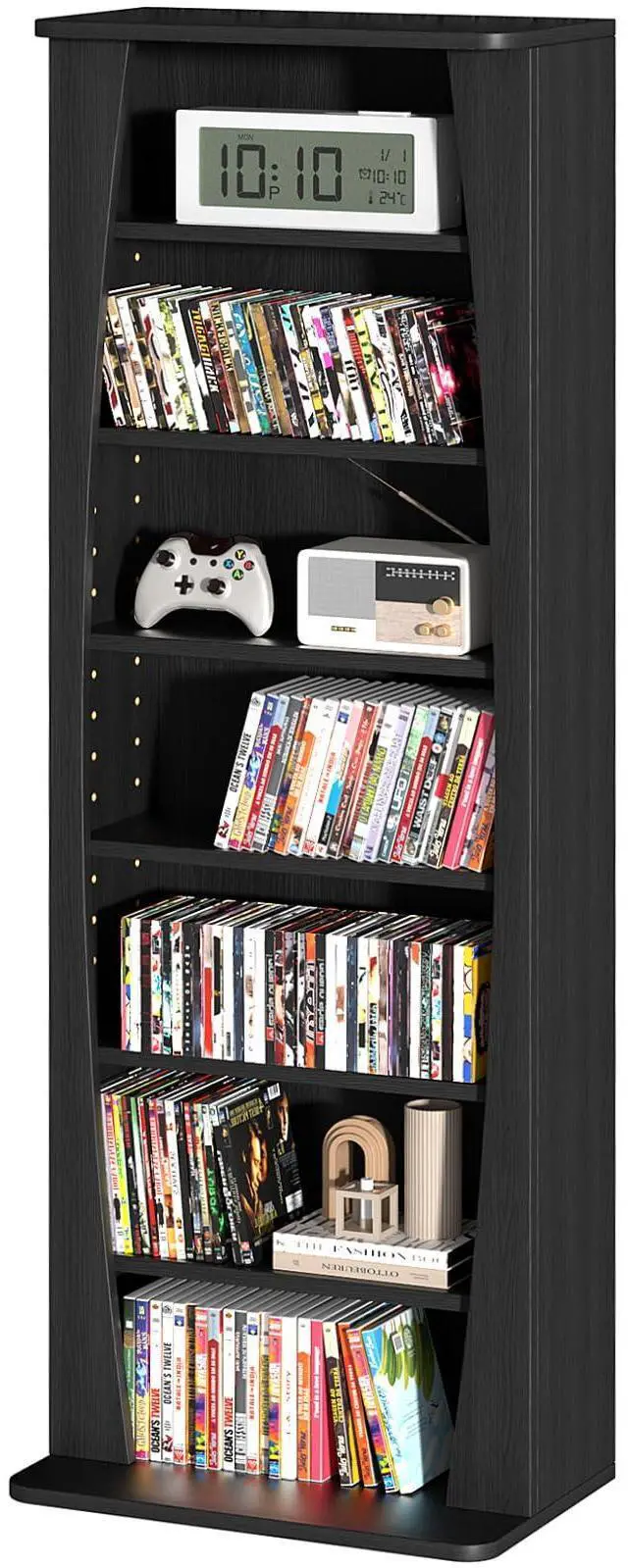 Main image of 7 Tier Arched DVD Shelf, DVD Rack with Adjustable Shelves, Black | Media Storage Cabinet for CDs & Movies, Media Shelf,Free Standing CD Rack Tower Bookcase or Living Room & Home Office