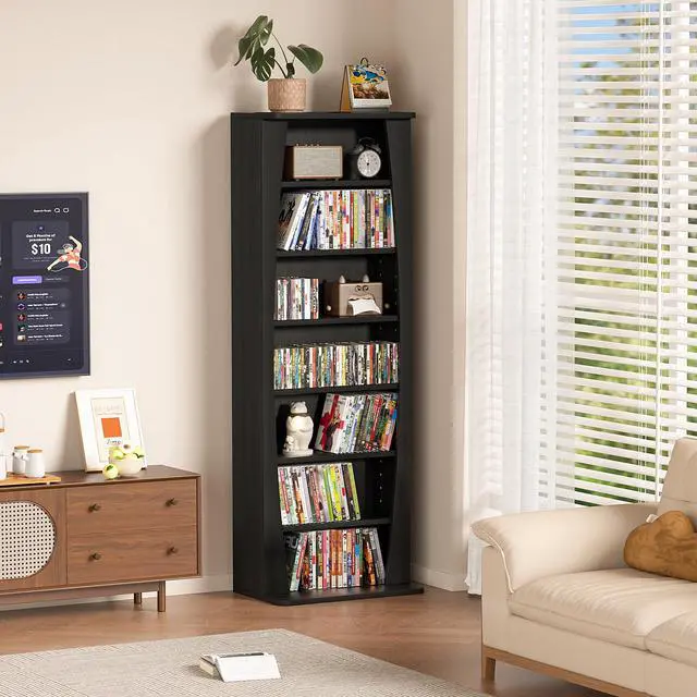 Alt view image 2 of 6 - 7 Tier Arched DVD Shelf, DVD Rack with Adjustable Shelves, Black | Media Storage Cabinet for CDs & Movies, Media Shelf,Free Standing CD Rack Tower Bookcase or Living Room & Home Office