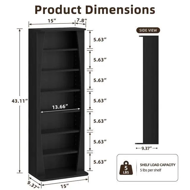 Alt view image 3 of 6 - 7 Tier Arched DVD Shelf, DVD Rack with Adjustable Shelves, Black | Media Storage Cabinet for CDs & Movies, Media Shelf,Free Standing CD Rack Tower Bookcase or Living Room & Home Office